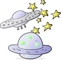 freehand drawn cartoon flying saucer and planet vector