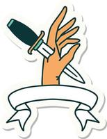 tattoo style sticker with banner of a dagger in the hand vector