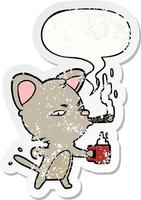 cartoon serious business cat and coffee and cigar and speech bubble distressed sticker vector