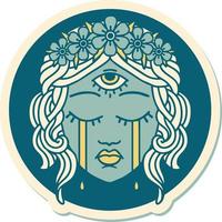 sticker of tattoo in traditional style of female face with mystic third eye crying vector