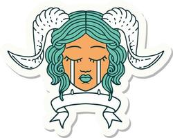 sticker of a crying tiefling character face with scroll banner vector