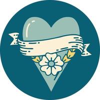 imagen icónica de estilo tatuaje de una flor de corazón y pancarta vector