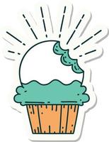 sticker of a tattoo style cupcake with missing bite vector