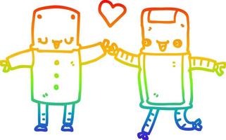 rainbow gradient line drawing cartoon robots in love vector