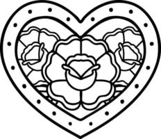 tatuaje en estilo de línea negra de un corazón y flores vector