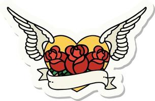 sticker of tattoo in traditional style of a flying heart with flowers and banner vector