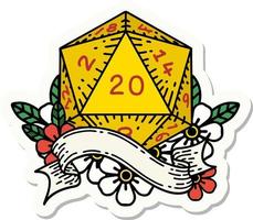 sticker of a natural twenty D20 dice roll vector