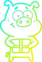 cold gradient line drawing happy cartoon pig holding christmas present vector