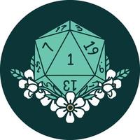 icon of natural one dice roll with floral elements vector