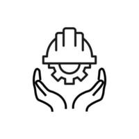 Support, present and charity concept. Modern vector sign drawn with black thin line. Editable stroke. Vector line icon of gear and builders helmet over outstretched hands