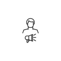 Monochrome sign drawn with black thin line. Modern vector symbol perfect for sites, apps, books, banners etc. Line icon of loud speaker next to faceless man