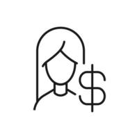 Profession, occupation, hobby of woman. Outline sign drawn with black thin line. Editable stroke. Vector monochrome line icon of dollar by female