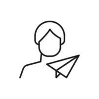 Hobby, business, profession of man. Modern vector outline symbol in flat style with black thin line. Monochrome icon of paper airplane by anonymous male