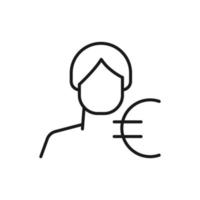 Hobby, business, profession of man. Modern vector outline symbol in flat style with black thin line. Monochrome icon of euro by anonymous male