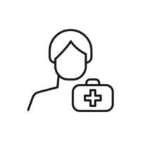 Hobby, business, profession of man. Modern vector outline symbol in flat style with black thin line. Monochrome icon of cross on medical suitcase by anonymous male