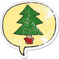 cartoon christmas tree and speech bubble distressed sticker vector