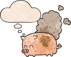 cartoon smelly pig and thought bubble in grunge texture pattern style vector