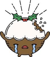 illustration of a traditional tattoo style christmas pudding character crying vector