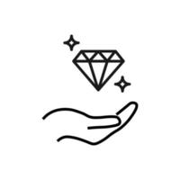 Support, present, charity signs. Monochrome symbol for web sites, stores, shops and other facilities. Editable stroke. Vector line icon of diamond over outstretched hand