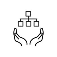 Support, present and charity concept. Modern vector sign drawn with black thin line. Editable stroke. Vector line icon of algorithm or mind map over outstretched hands