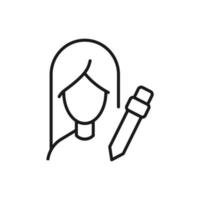 Profession, occupation, hobby of woman. Outline sign drawn with black thin line. Editable stroke. Vector monochrome line icon of writing pencil by female