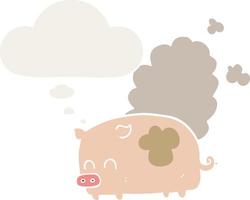 cartoon smelly pig and thought bubble in retro style vector