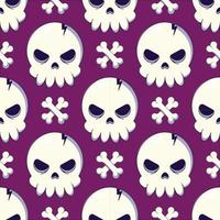 Holiday, fantasy and holiday concept. Seamless pattern of crossed bones and big scull on violet background. Suitable for wrapping, fabric, textile, wallpapers, giftboxes, postcards