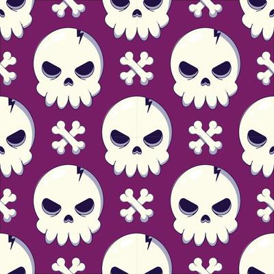 Holiday, fantasy and holiday concept. Seamless pattern of crossed bones and big scull on violet background. Suitable for wrapping, fabric, textile, wallpapers, giftboxes, postcards