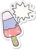 cartoon ice lolly and speech bubble distressed sticker vector