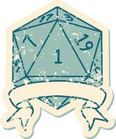 Retro Tattoo Style natural one d20 dice roll vector