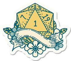 sticker of a natural one d20 dice roll vector