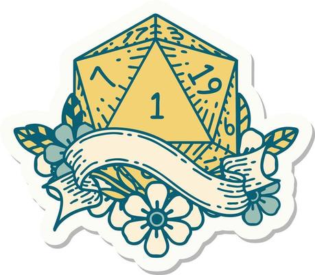 sticker of a natural one d20 dice roll