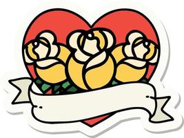 sticker of tattoo in traditional style of a heart and banner with flowers vector