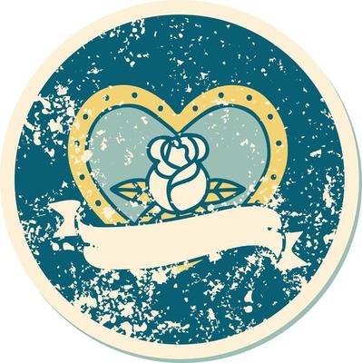 iconic distressed sticker tattoo style image of a heart rose and banner