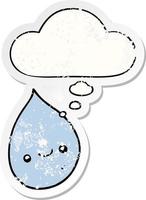 cartoon raindrop and thought bubble as a distressed worn sticker vector