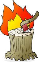 freehand drawn cartoon axe in a flaming tree stump vector