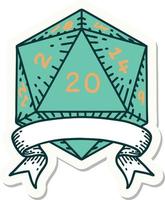 sticker of a natural 20 critical hit D20 dice roll vector