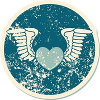 iconic distressed sticker tattoo style image of a heart with wings vector