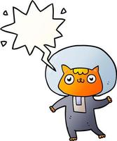 gato espacial de dibujos animados y burbuja de habla en estilo degradado suave vector