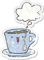 cute cartoon cup and saucer and thought bubble as a distressed worn sticker vector