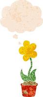 cute cartoon flower and thought bubble in retro textured style vector