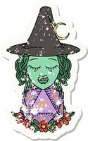 grunge sticker of a half orc wizard with natural twenty dice roll vector