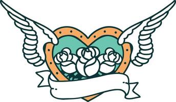 iconic tattoo style image of a flying heart with flowers and banner vector