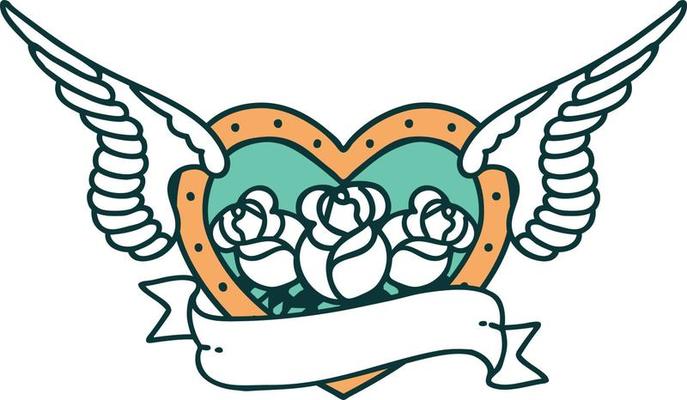 iconic tattoo style image of a flying heart with flowers and banner