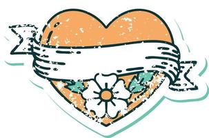 iconic distressed sticker tattoo style image of a heart and banner with flowers vector