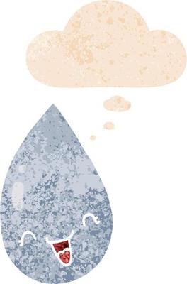 cartoon raindrop and thought bubble in retro textured style