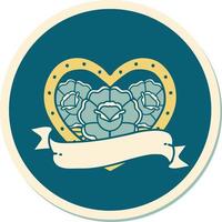 sticker of tattoo in traditional style of a heart and banner with flowers vector