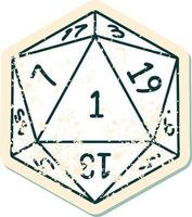 Retro Tattoo Style natural 1 D20 dice roll vector