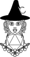 Black and White Tattoo linework Style human witch with natural twenty dice roll vector