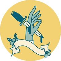 tattoo style icon with banner of a dagger in the hand vector